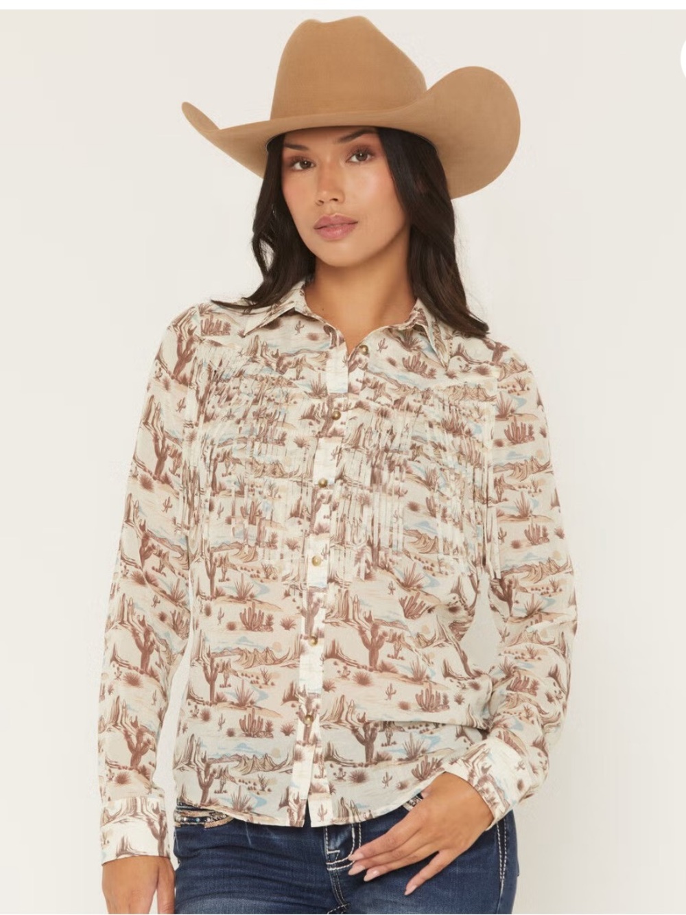 Shyanne Boot Barn Western Fringe Desert Print Button-Front Cream & Brown LG